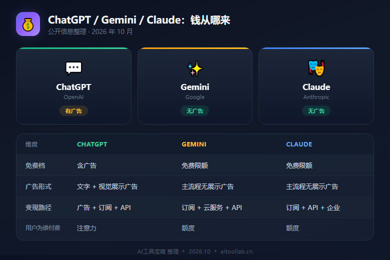 ChatGPT、Gemini、Claude 变现路径对比