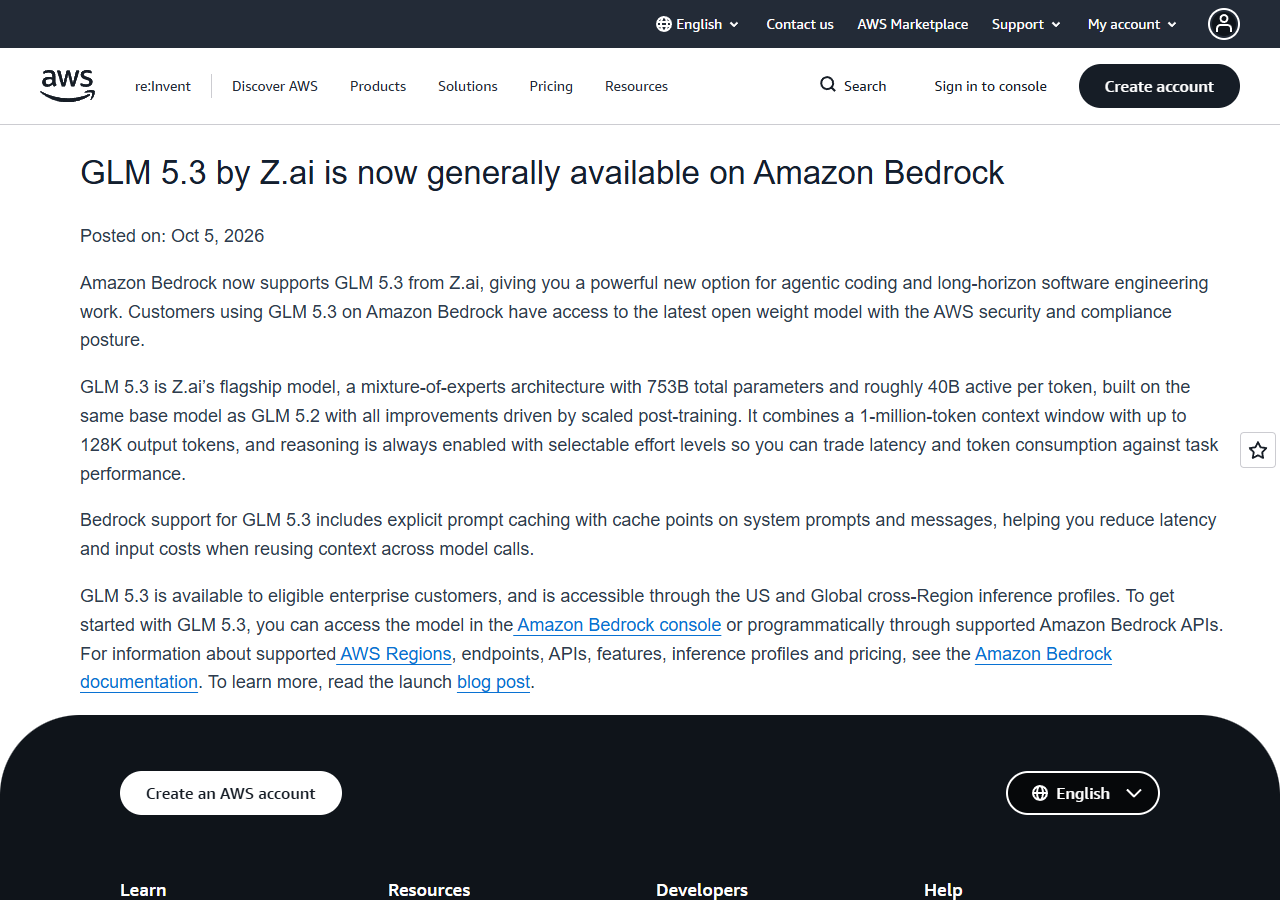 AWS 官方公告：GLM 5.3 正式登陆 Amazon Bedrock