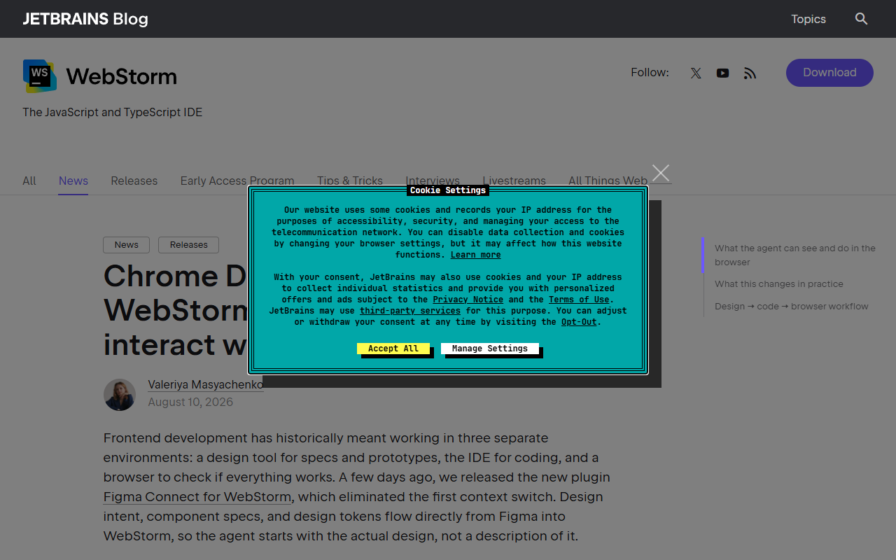 图2：JetBrains 博客 Chrome DevTools Connect（真实截图，桌面）