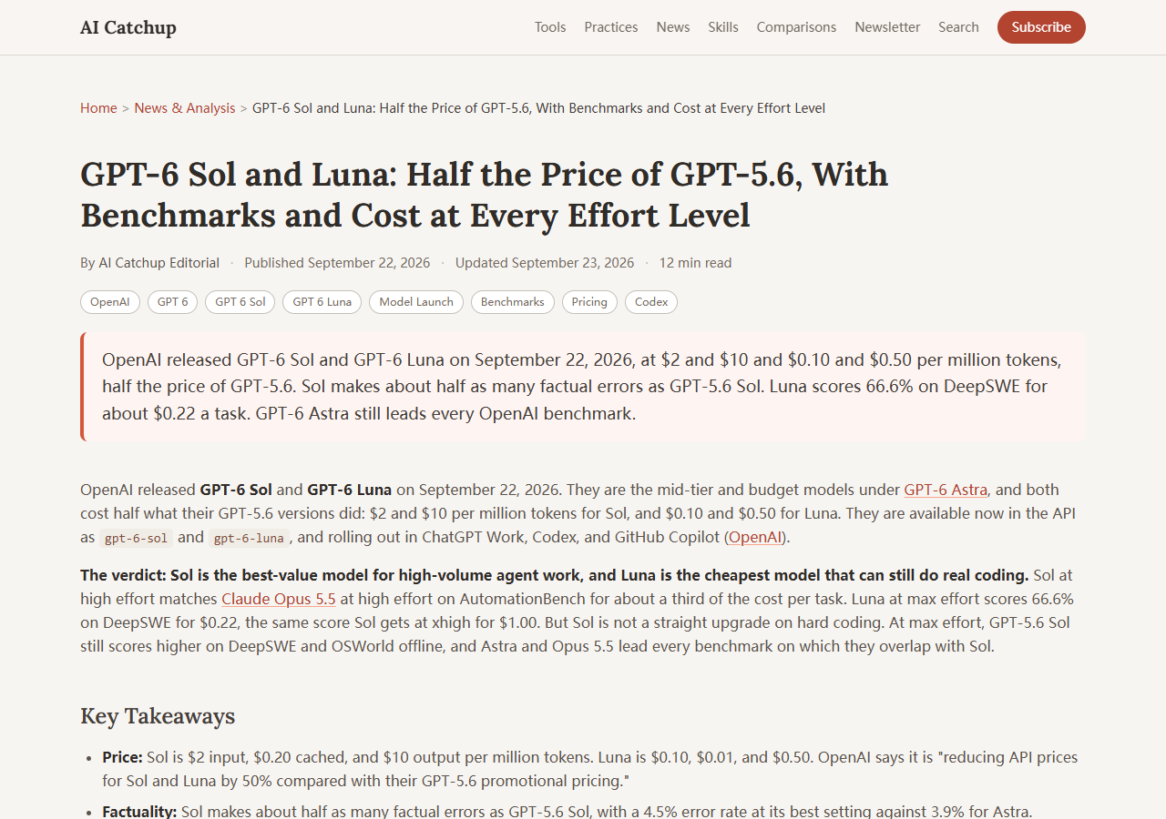 GPT-6 Sol 与 Luna 的定价与跑分对比报道
