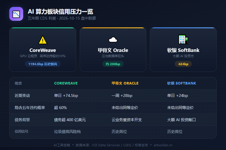 AI 算力板块信用压力一览信息图：CoreWeave、甲骨文、软银五年期 CDS 利差对比