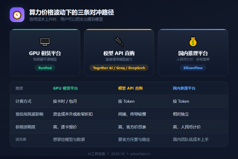 算力价格波动下的三条对冲路径信息图：GPU 租赁、模型 API、国内推理平台