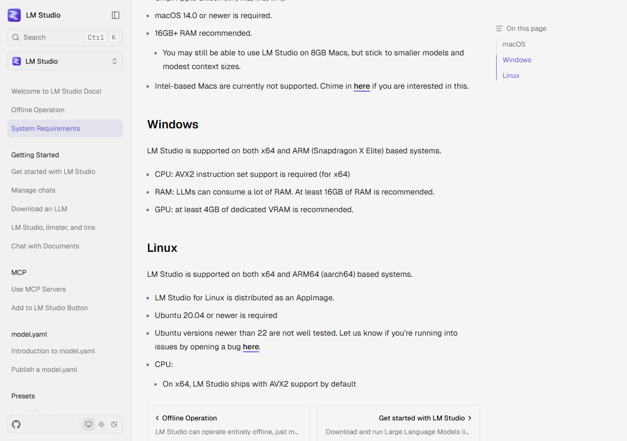 图1：LM Studio 官方 System Requirements 文档页，Windows 一段列出内存与显存下限