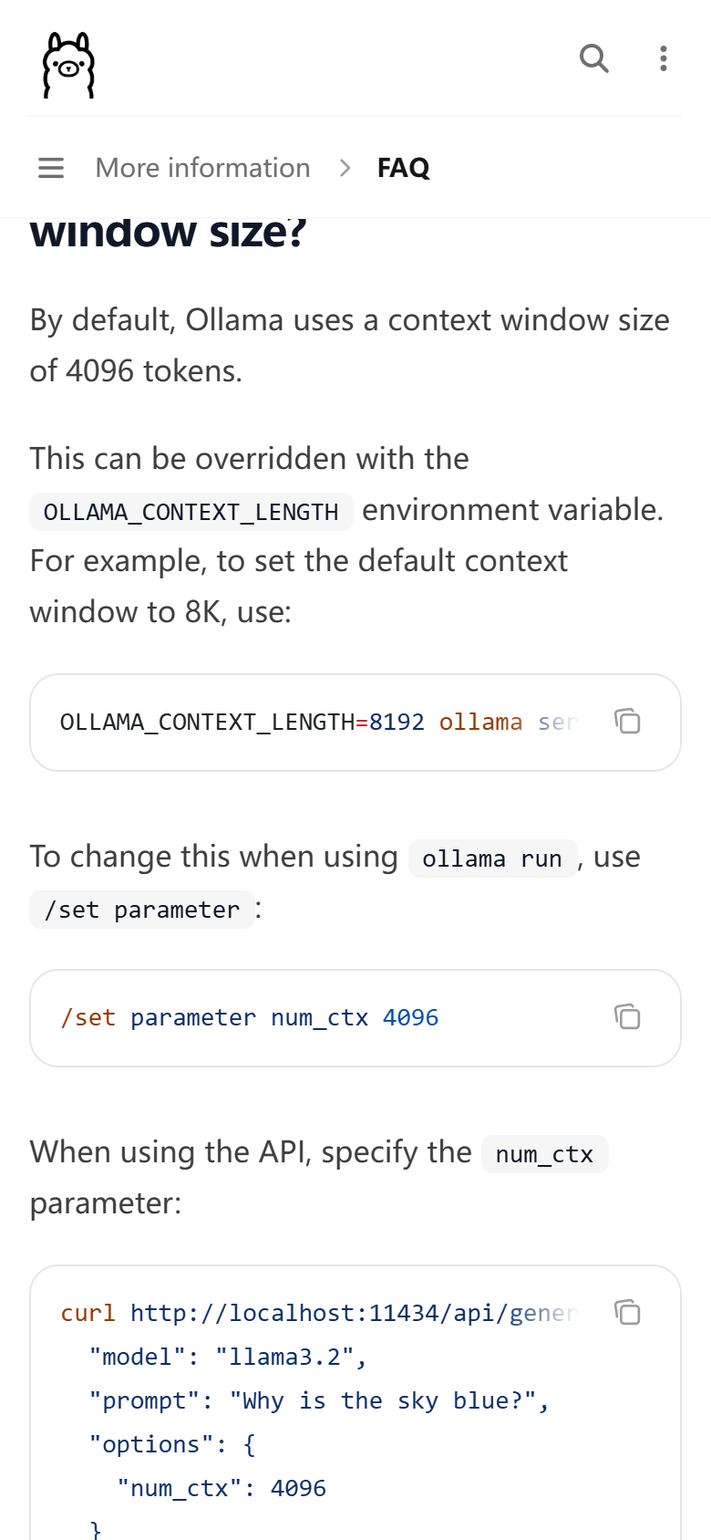 图4：Ollama 官方 FAQ 移动端视口，上下文长度设置与显存占用判断