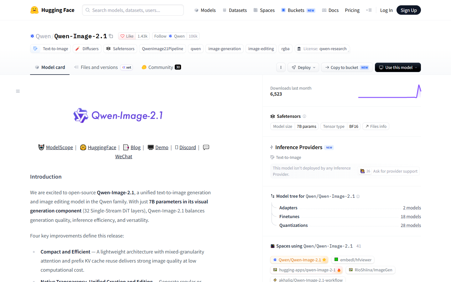 Qwen-Image-2.1 官方 Hugging Face 模型页：7B 参数、BF16、qwen-research 许可