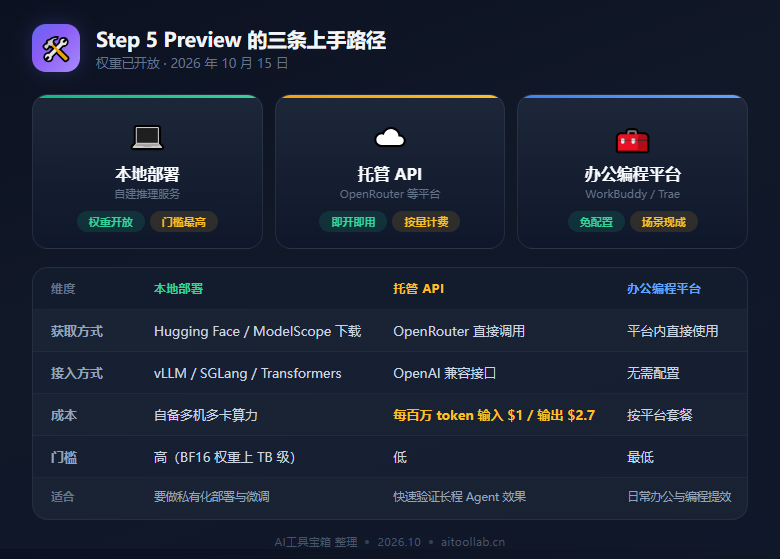 Step 5 Preview 的三条上手路径：本地部署、托管 API、办公与编程平台